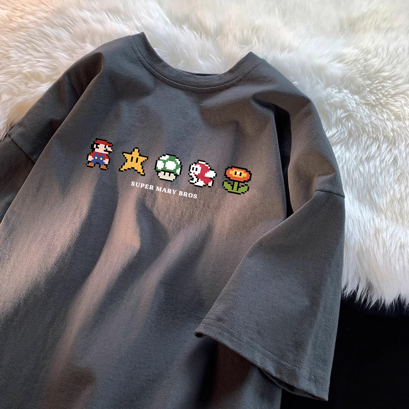 Unique and Versatile Mario T-Shirt, Short-Sleeved Men's Summer Heavyweight 260g Pure Cotton Half-Sleeve ins Cartoon Fun Top Unique and Versatile Mario T-Shirt, Short-Sleeved Men's Summer Heavyweight 260g Pure Cotton Half-Sleeve ins Cartoon Fun Top