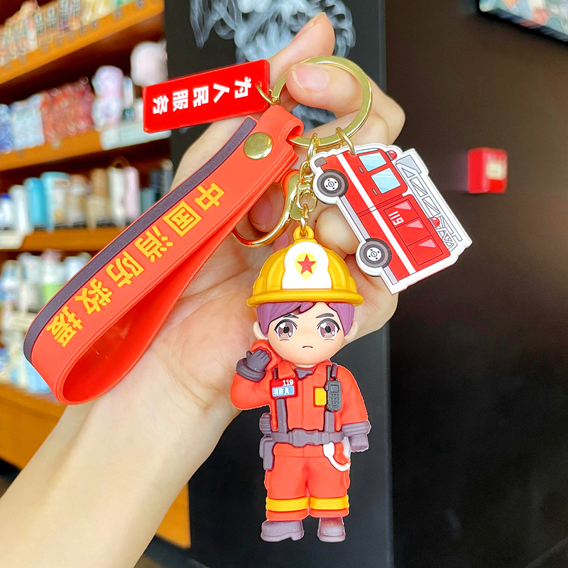 Cartoon Firefighter Keychain Pendant Blue Friend Backpack Decoration Fire Safety Event Souvenir Gift