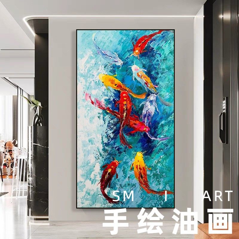纯手绘油画九鱼聚财图客厅装饰画抽象玄关走廊过道大芬村肌理挂画