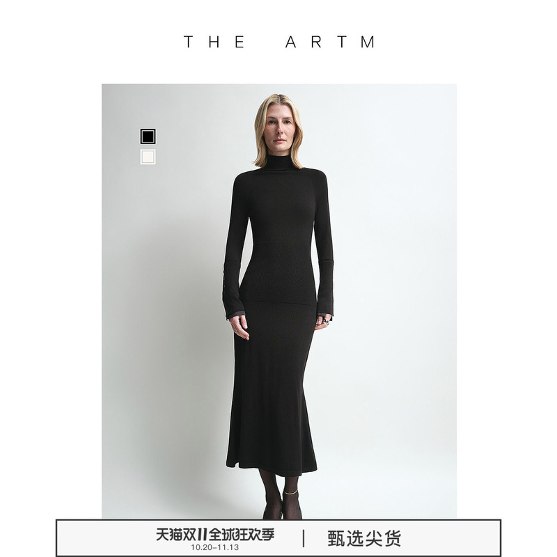 【Mulberry Silk Wool】The Artm Mulberry Silk Satin Patchwork Black High Neck Dress for Women, Fall 2026
