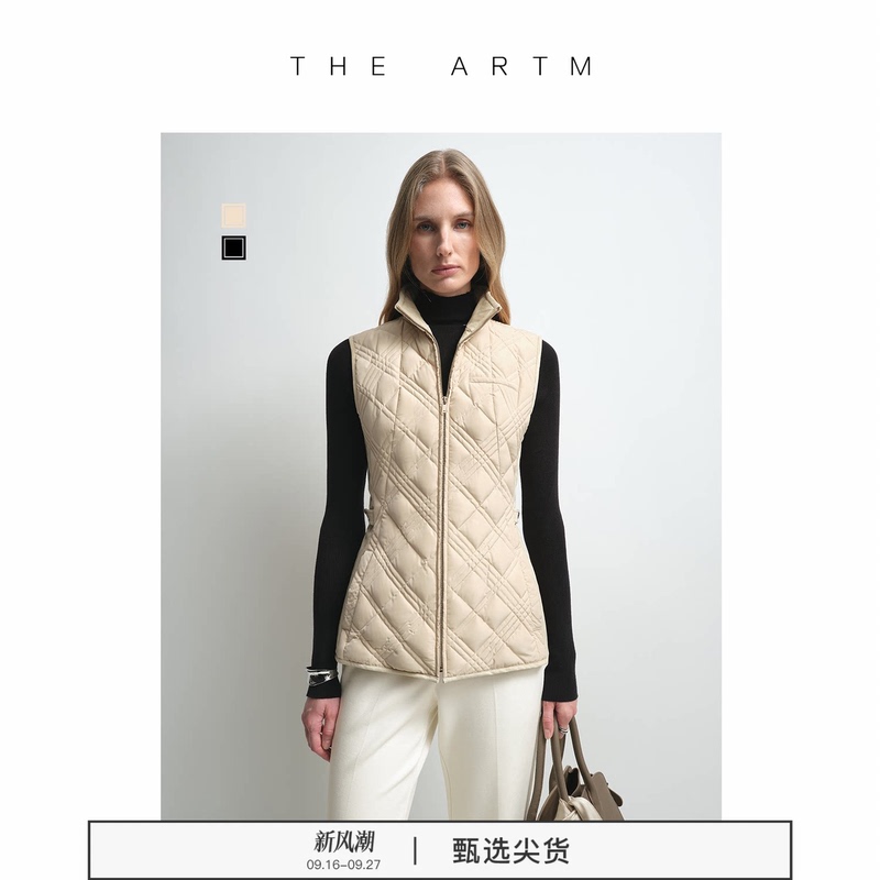 [High-Density Quilted down Vest] the Artm Diamond-Shaped Stand-Up Collar Patchwork Waist-Cinching down Vest Autumn and Winter Jacket