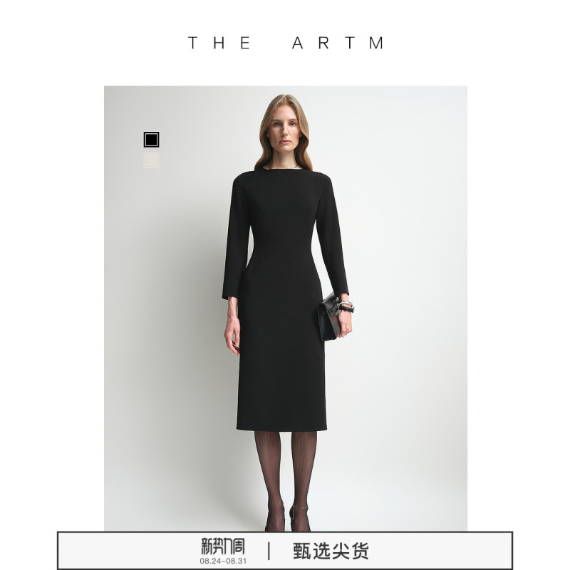 [Rachel Dress] the Artm Triacetate Tailored Black Dress with Three-Quarter Sleeves and Bodycon Fit for Women, Autumn Little Black Dress