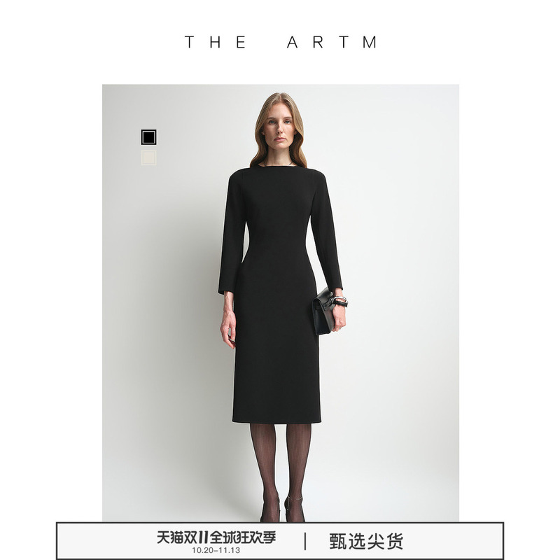 [Rachel Dress] the Artm Triacetate Tailored Black Dress with Three-Quarter Sleeves and Bodycon Fit for Women, Autumn Little Black Dress