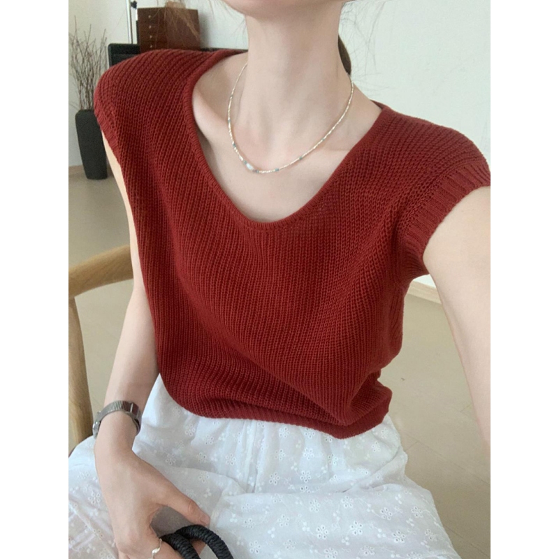Red Linen Straight Shoulder Ice Silk Knitted Short-Sleeve Sleeveless T-Shirt for Women, Summer Loose Fit, Petite Short Vest Top