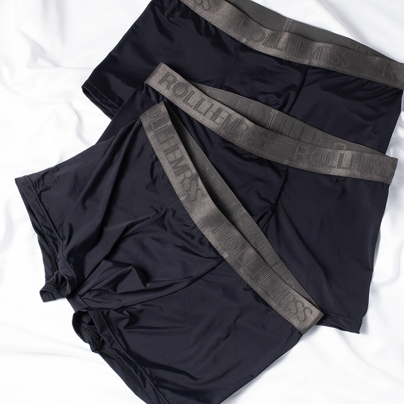 Men's Underwear, Ice Silk, Summer, Lightweight, Pure Black, Breathable, Functional Style, Dark Black Boxer Briefs, Antibacterial, Cool Feeling, for Boys