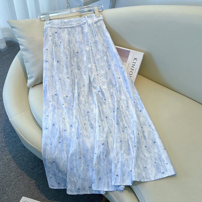 ブルーフローラルスカート レディース 夏 2025 新作 フレンチレースベルト ミディアム丈 ドレープ Aライン アンブレラスカート