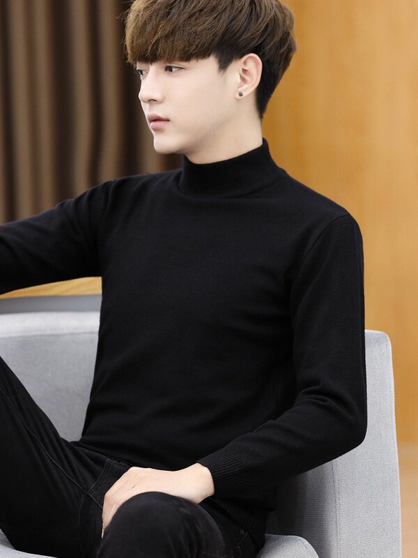 Men's Sweater with Half-High Collar, Slim Fit, Versatile Knit Base Layer for Autumn and Winter, Pure Black, Trendy Mid-Neck Knitwear