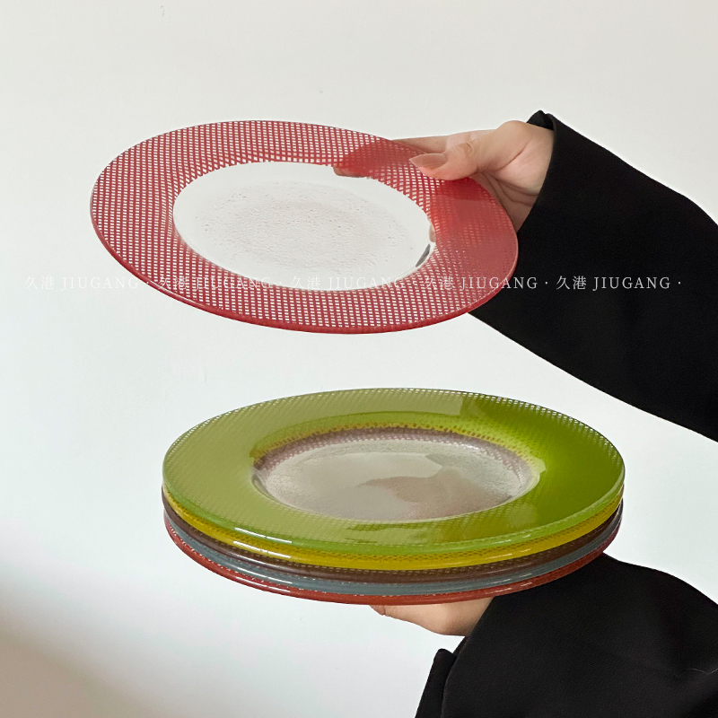 Korean-Style Checkered Glass Plate, Creative Round Colorful Plate, Fruit Plate, Dessert Plate, Snack Plate, Dopamine Tableware
