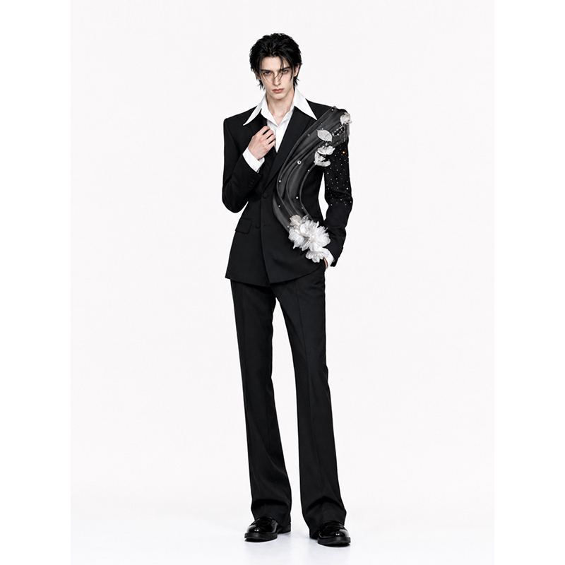 Chiyu【Qingtang Chenye】Wide-Shouldered, Narrow-Waisted Suit with Floral Design, Waist-Cinching Suit, Group Performance Dress for Men