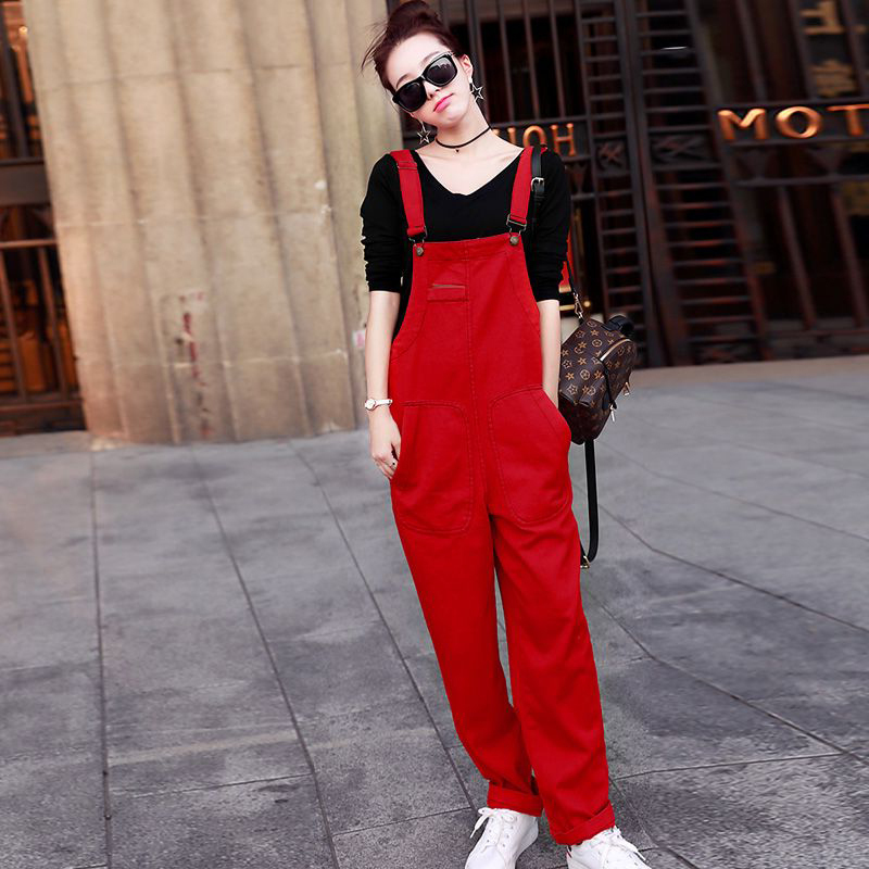 Red Denim Overalls for Women 2026 New Korean Style Slimming Loose Trendy Harajuku Style Student Long Pants for Women