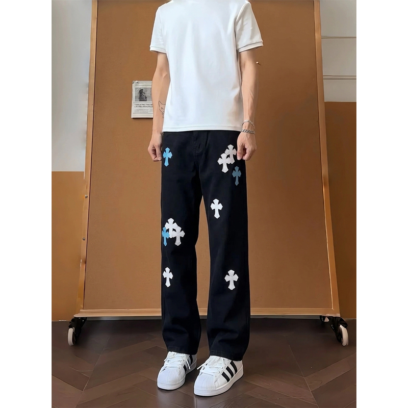 American High Street Style Cross-Pattern Jeans for Men, New Summer Model, Light Luxury Trendy Brand, Street Style, Slimming Loose Straight-Leg Pants American High Street Style Cross-Pattern Jeans for Men, New Summer Model, Light Luxury Trendy Brand, Street Style, Slimming Loose Straight-Leg Pants