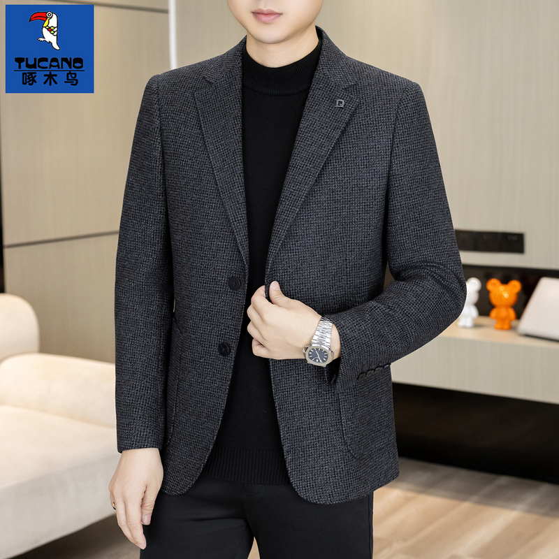 Woodpecker Wool Coat Men's Suit Autumn and Winter New High-End Business Casual Middle-Aged Wrinkle-Resistant Versatile Suit