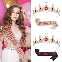European and American fashion crystal birthday crown etiquette belt set birthday queen birthday gift tiara ribbon wholesale
