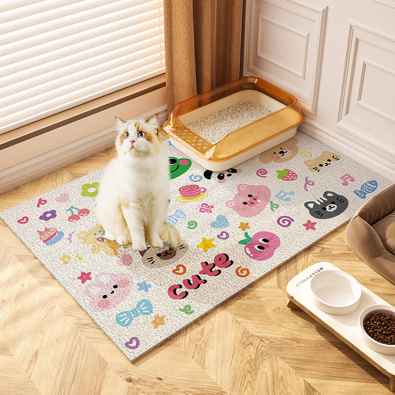 Silk Loop Floor Mat for Scraping Dirt, Dirt-Resistant and Washable Pet Mat, Cartoon Cute Style Feeding Mat