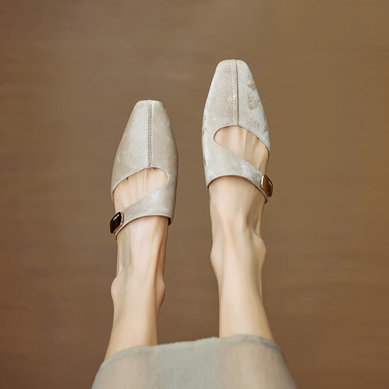 Soft Leather Closed-Toe Mules for Women, Summer 2026, Outdoor Sandals, Chinese Style Shoes, French Mules, Chunky Heel High Heels