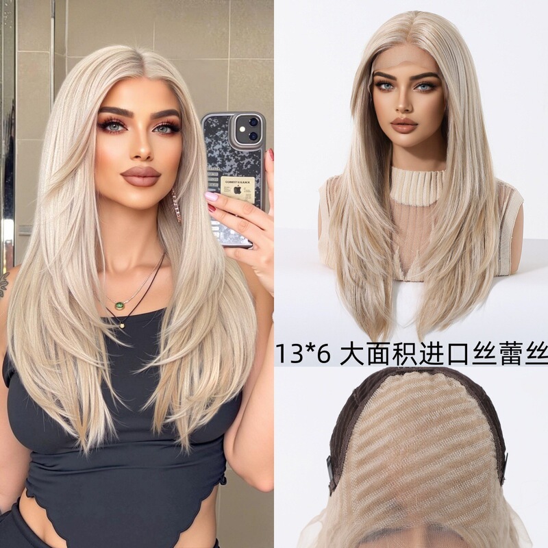 Cross-Border Futura Imported Lace Wig, Large Area 13*6 Natural Parting, Golden Medium-Length Straight Hair Full Wig Cross-Border Futura Imported Lace Wig, Large Area 13*6 Natural Parting, Golden Medium-Length Straight Hair Full Wig