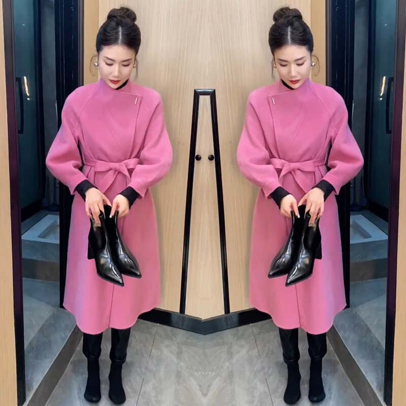 European Goods 2025 Early Spring Korean Style Elegant Stand-Up Collar Tie Waist Slimming Mid-Length Double-Sided Cashmere Woolen Coat for Women European Goods 2025 Early Spring Korean Style Elegant Stand-Up Collar Tie Waist Slimming Mid-Length Double-Sided Cashmere Woolen Coat for Women