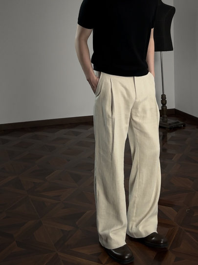 Oclin 70% High-End Linen A-Line Trousers with Three-Dimensional Pleated Tailoring, Fully Hemmed Lining, New Luxury Style
