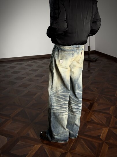 Oclin Master - Jean ample en nid d'abeille avec moustaches délavées, bleu tempête, teinture de boue 003, marque conjointe