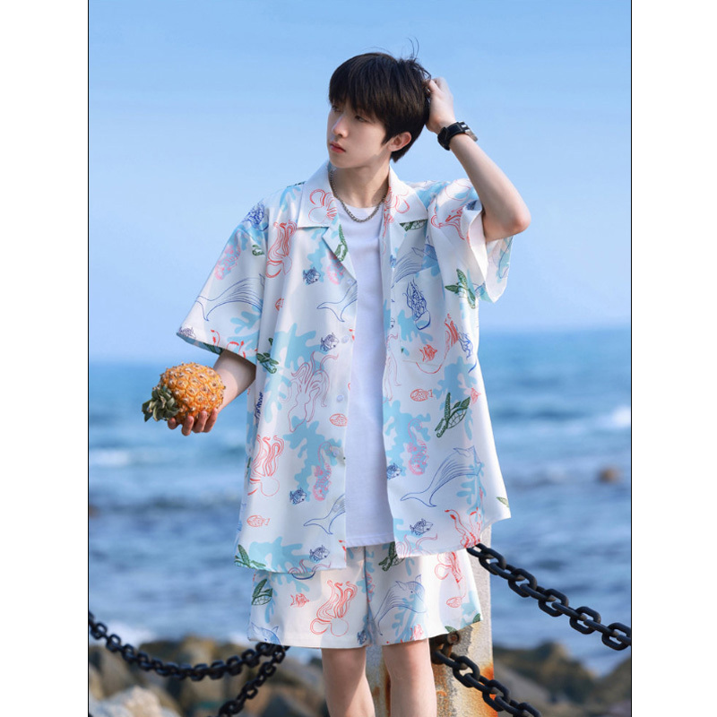 Satin-Like Ice Silk Shirt for Men, Summer Quick-Drying Beach Floral Shorts, Hawaiian Seaside Large Size Loose Couple Set, Trendy Satin-Like Ice Silk Shirt for Men, Summer Quick-Drying Beach Floral Shorts, Hawaiian Seaside Large Size Loose Couple Set, Trendy