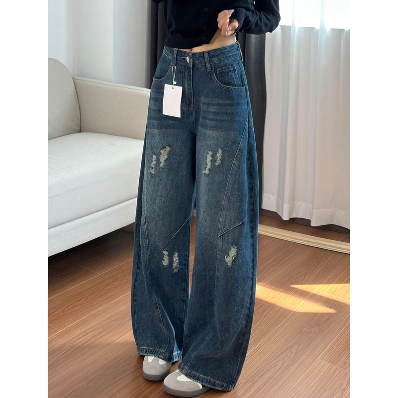Vintage Ripped Scimitar Jeans for Women, Summer 2026, Thin Style, Plus Size, High-Waisted, Loose Fit, Slimming Wide-Leg Pants