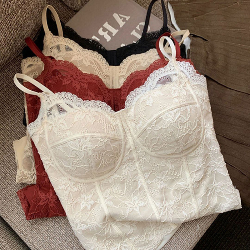 French-Style Fishbone Bra Lace Camisole for Women, Inner Wear with Beautiful Back Design, Integrated Bra with Chest Pads, Outerwear Top