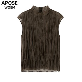 Enos wangjing 2026 summer new sleeveless chiffon shirt women's see-through mesh two-piece top lace shirt 6926
