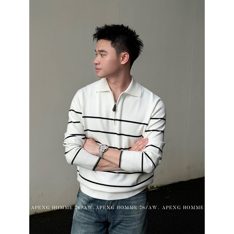 Apeng Autumn High-End Zipper Style Skin-Friendly Soft Striped Texture Lapel Long-Sleeve Polo Knitwear # 16822 Apeng Autumn High-End Zipper Style Skin-Friendly Soft Striped Texture Lapel Long-Sleeve Polo Knitwear # 16822
