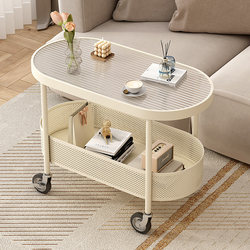 New Cream-Colored Glass Movable Sofa Side Table, Simple Bedside Cabinet, Small Coffee Table, Small Trolley for the Living Room