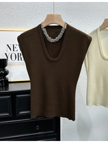 European right shoulder knitted sleeveless t-shirt for women summer design niche U-neck tight slimming bottoming shirt waistcoat top