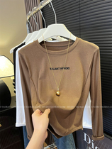 Embroidered letters round neck right shoulder long sleeve t-shirt for women to wear with autumn new French retro lazy slim bottoming shirt
