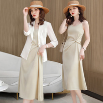 Acetate satin apricots color harnesses one-piece dress womens summer two sets dresses bottom length dress suit Nets suit nepotism