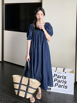 Fataway retro square collar denim dress for womens summer 2023 new pear-shaped stature shade and bubble sleeves long dresses