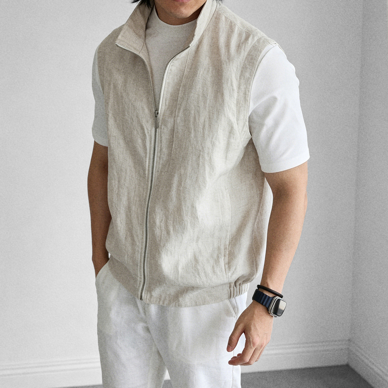 Gifishilow Hong Kong Light Luxury Italian-Style Stand-Up Collar Zipper Jacket Casual Business Men's Jacket Linen Vest