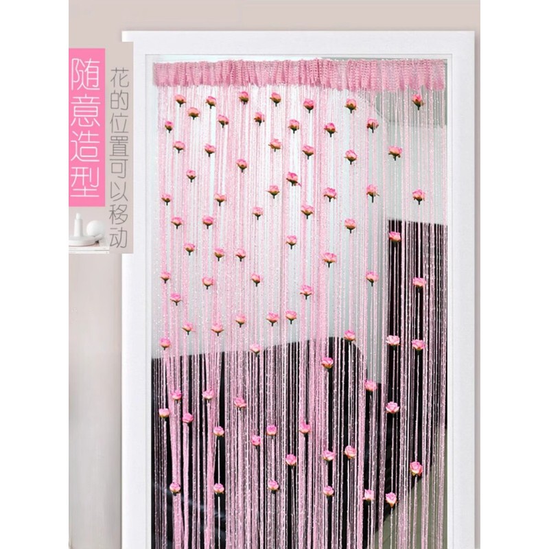 Rose Flower Thread Door Curtain, No-Punch Encrypted Thickened Tassel Partition Decorative Curtain for Living Room and Window, Magic Tape Style