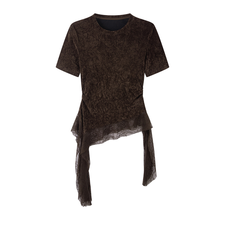 Mr&Er Mo Yi Mo Yi Online Authentic 2026 Autumn Lace Patchwork Short-Sleeve Velvet T-Shirt Top R6C24211 Mr&Er Mo Yi Mo Yi Online Authentic 2026 Autumn Lace Patchwork Short-Sleeve Velvet T-Shirt Top R6C24211
