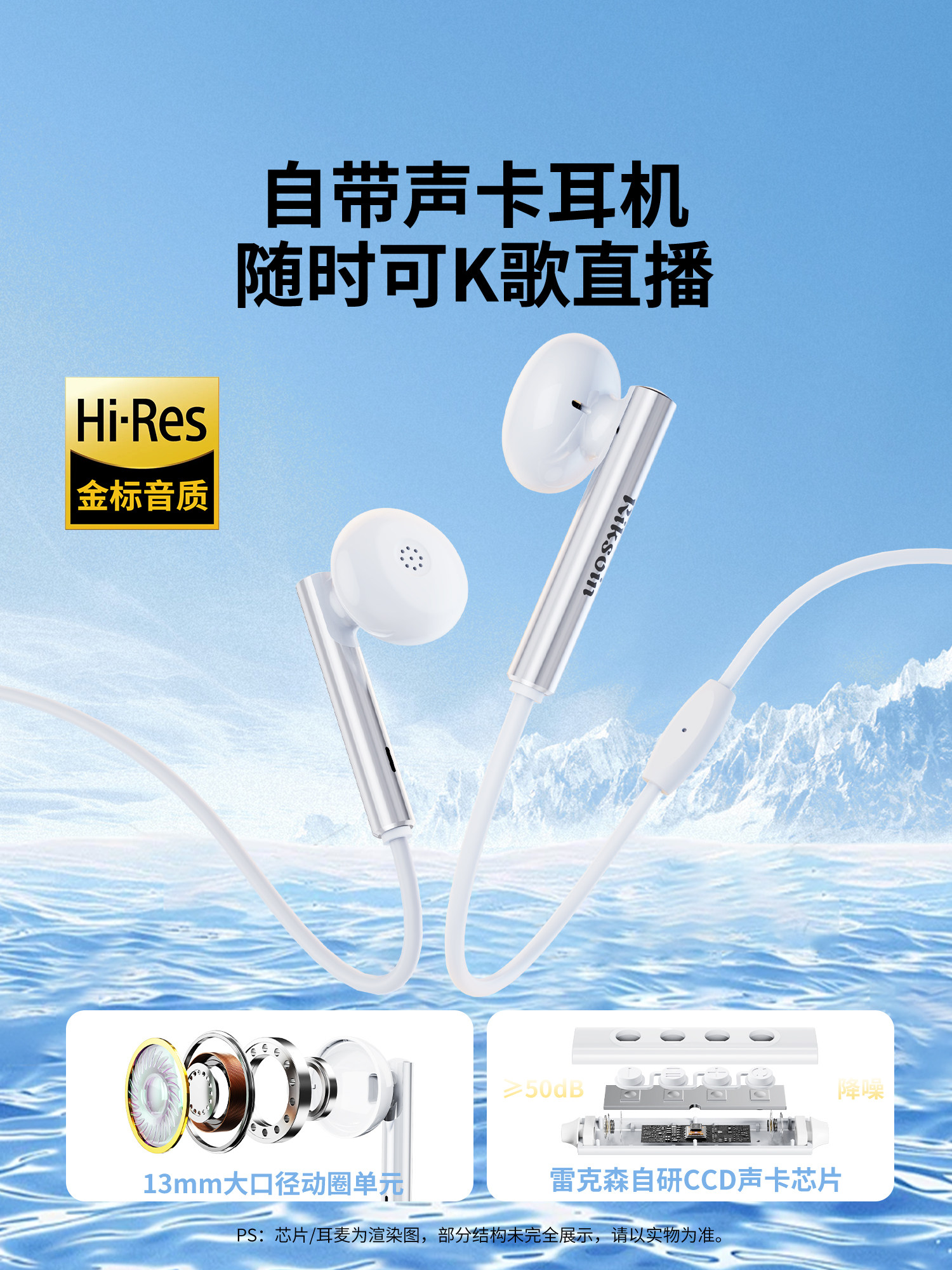 Rexon Type-C Wired Headphones with Built-In Sound Card for Recording and Karaoke, Suitable for All Apple 15/17 and Huawei Devices