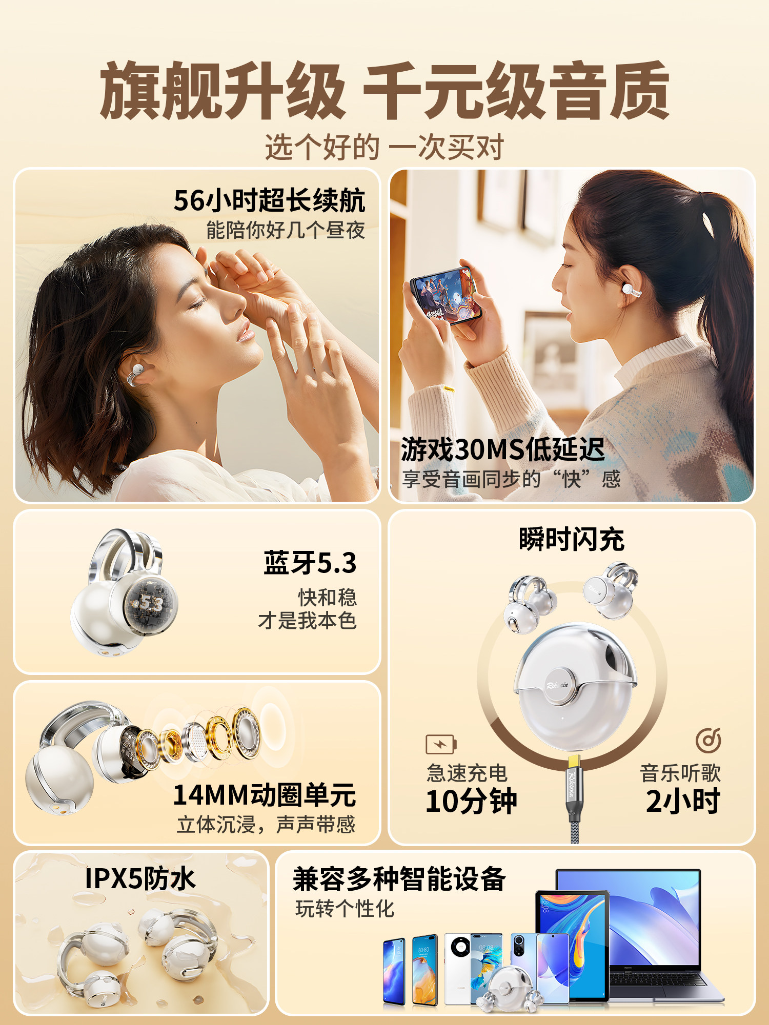 Bluetooth Earphones, Clip-On, Wireless, Non-In-Ear, Noise-Cancelling, Ultra-Long Battery Life, Suitable for Sports, Running, Gaming, High-End, Unisex