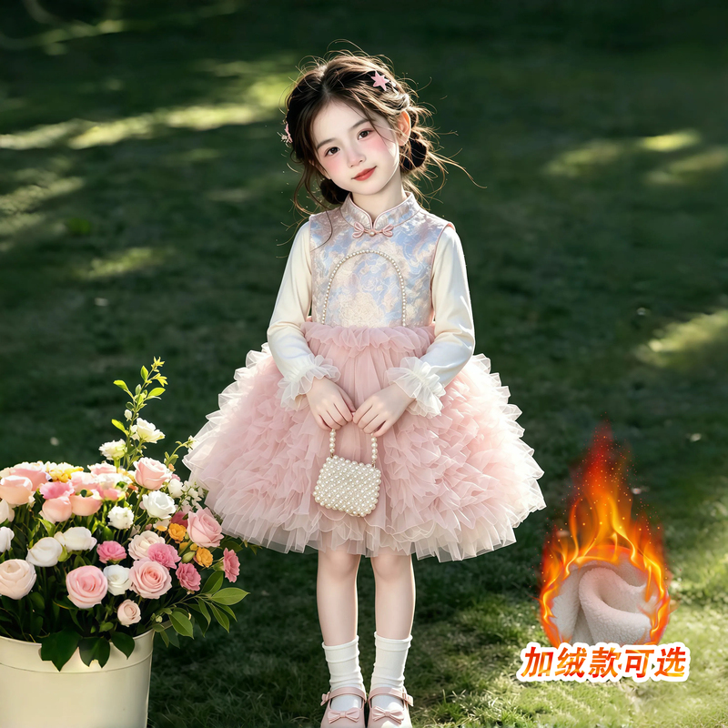 Girls' Dress with Velvet Lining, New Autumn and Winter Style, New Chinese Style Tutu Skirt, National Style Princess Dress, Super Fairy Birthday Dress for Girls