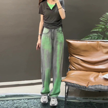 Dopamine retro graffiti broadlegged jeans Womens summer loose Conspicuously Slim American High Street Straight Tug Long Pants