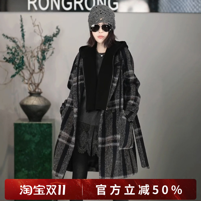 Rongrong Alpaca Wool and Sheep Wool Patchwork Hooded Casual Woolen Coat 25D3