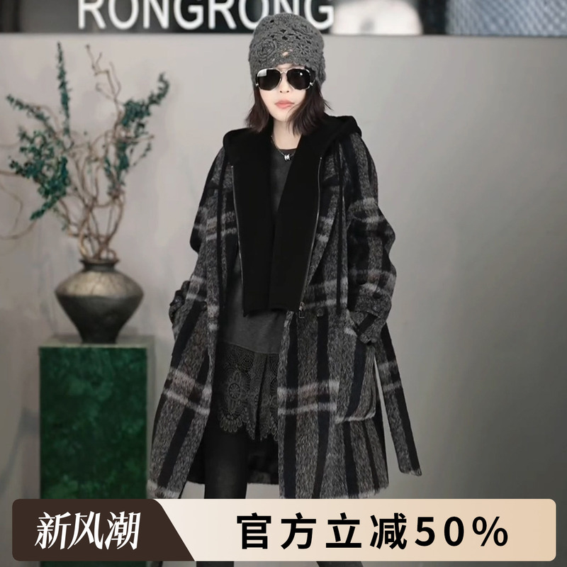 Rongrong Alpaca Wool and Sheep Wool Patchwork Hooded Casual Woolen Coat 25D3 Rongrong Alpaca Wool and Sheep Wool Patchwork Hooded Casual Woolen Coat 25D3
