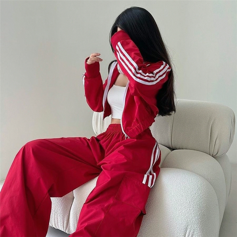 European and American Style Street Red Cargo Pants Set for Women, Spring and Autumn, High-Waisted, Slimming, Elastic Waist, Sporty Casual Jogger Pants