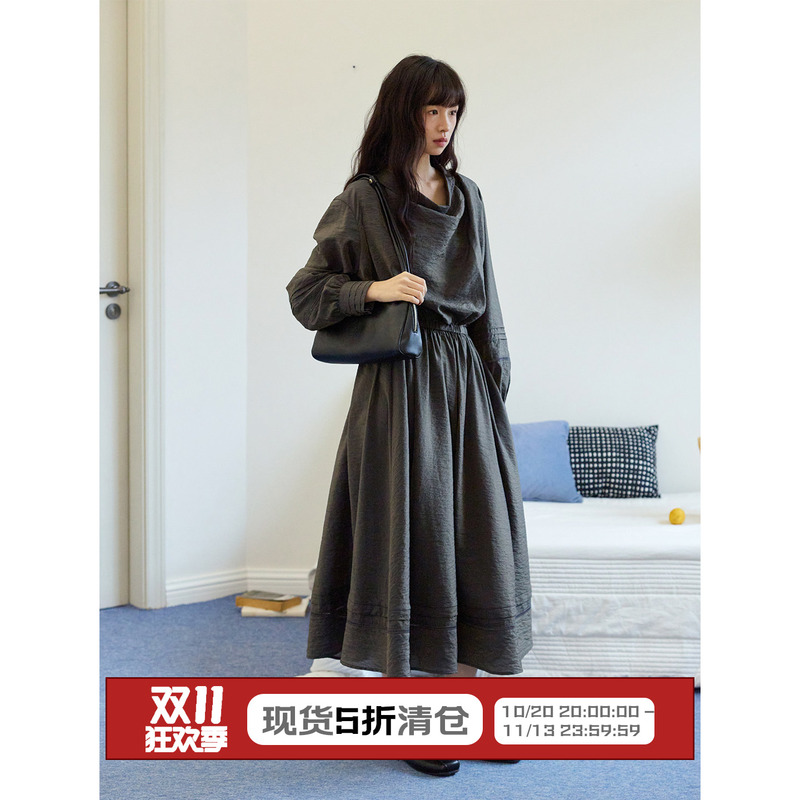 【50% off In-Stock Clearance】Lbaoraw Mulberry Silk Swing Collar Waist-Cinching Dress for Women, Autumn Relaxed and Elegant Long Dress