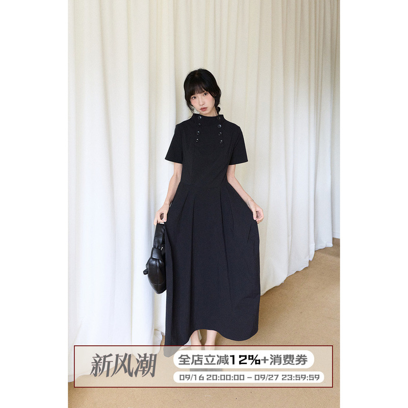 Lbaoraw Black Retro Short-Sleeved Floral Dress for Women, Summer Waist-Cinching Double-Breasted Stand-Up Collar High-End Long Dress