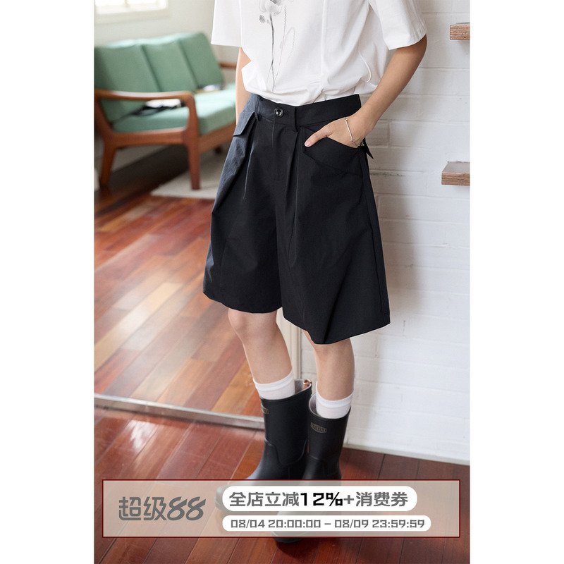 Lbaoraw Summer Black Three-Dimensional Pocket Design Five-Point Wide-Leg Shorts for Women Lbaoraw Summer Black Three-Dimensional Pocket Design Five-Point Wide-Leg Shorts for Women