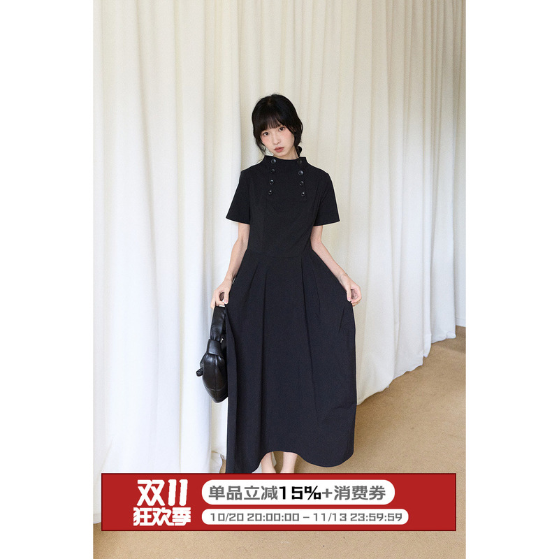 Lbaoraw Black Retro Short-Sleeved Floral Dress for Women, Summer Waist-Cinching Double-Breasted Stand-Up Collar High-End Long Dress