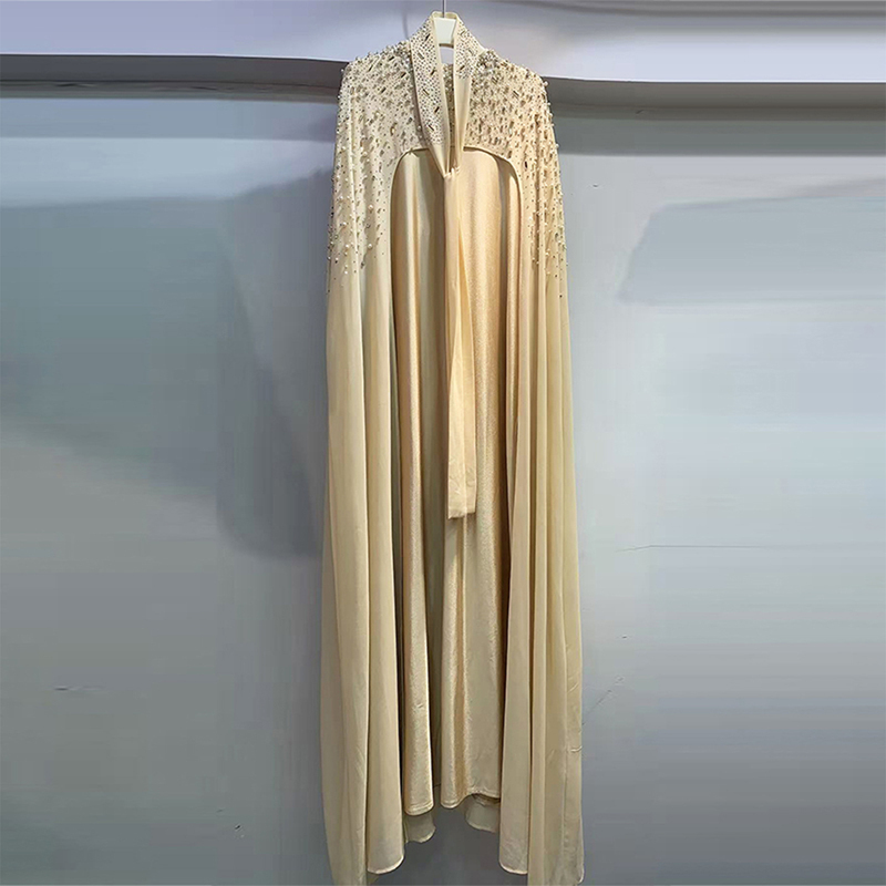 French-Style Socialite-Inspired Heavy-Duty Rhinestone-Embellished Cape-Style Shawl Long Dress with Bow Tie A-Line Dress Trendy