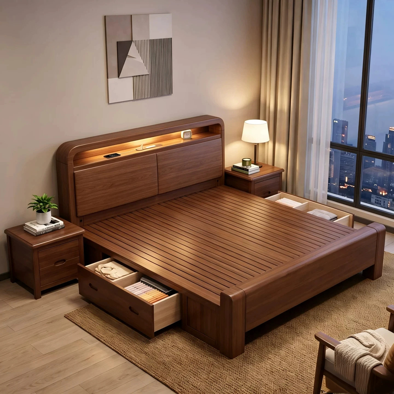 Nordic Solid Wood Bed Modern Minimalist 1.95m m 1.35m Storage Double Bed Master Bedroom Economical Wedding Bed Nordic Solid Wood Bed Modern Minimalist 1.95m m 1.35m Storage Double Bed Master Bedroom Economical Wedding Bed