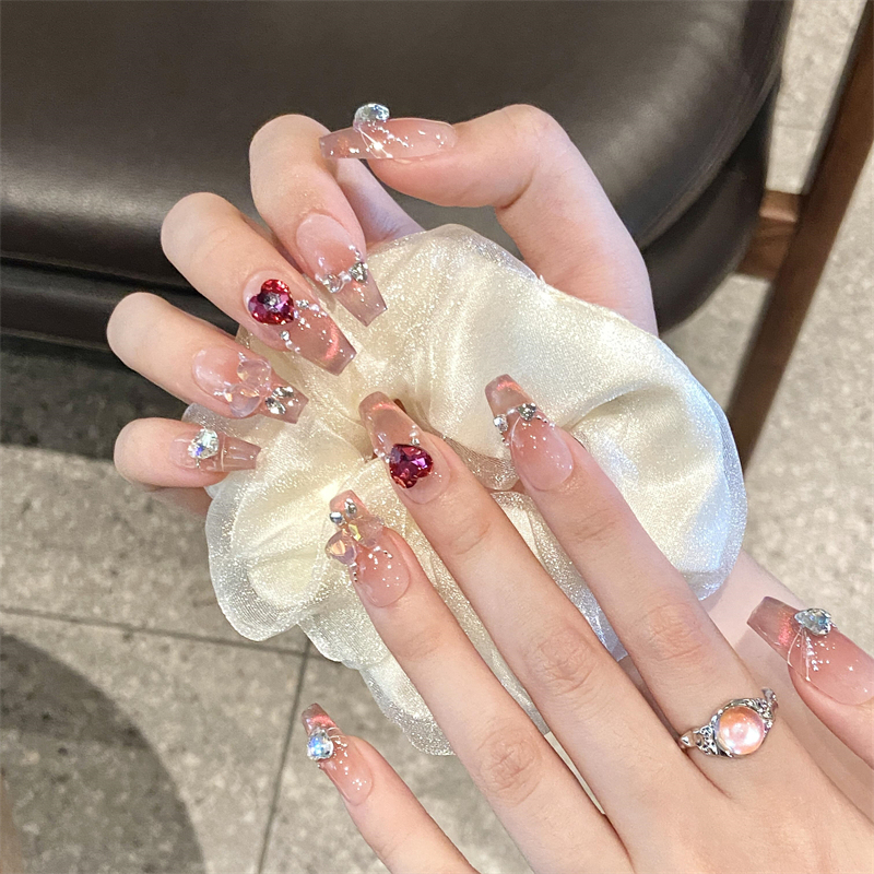 Original Handmade Wearable Nails, Spring and Summer Cat-Eye Long Style Manicure, 2025 New Nail Patches, Sparkling Diamond, Brightening Effect